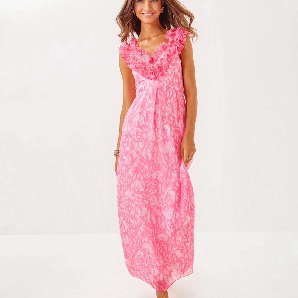 Lilly Pulitzer Amber Vibrant Pink Maxi Dress Rousseau Mink Tulip to Tango 10